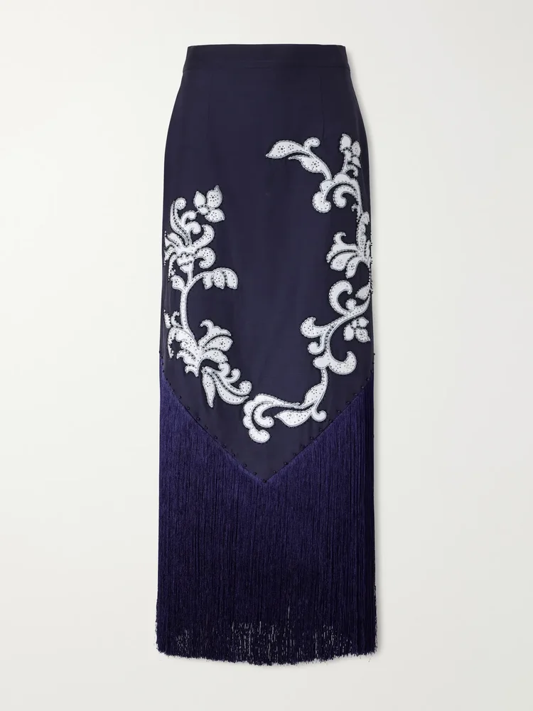 Dillon crystal and bead-embellished fringed appliquéd satin midi skirt