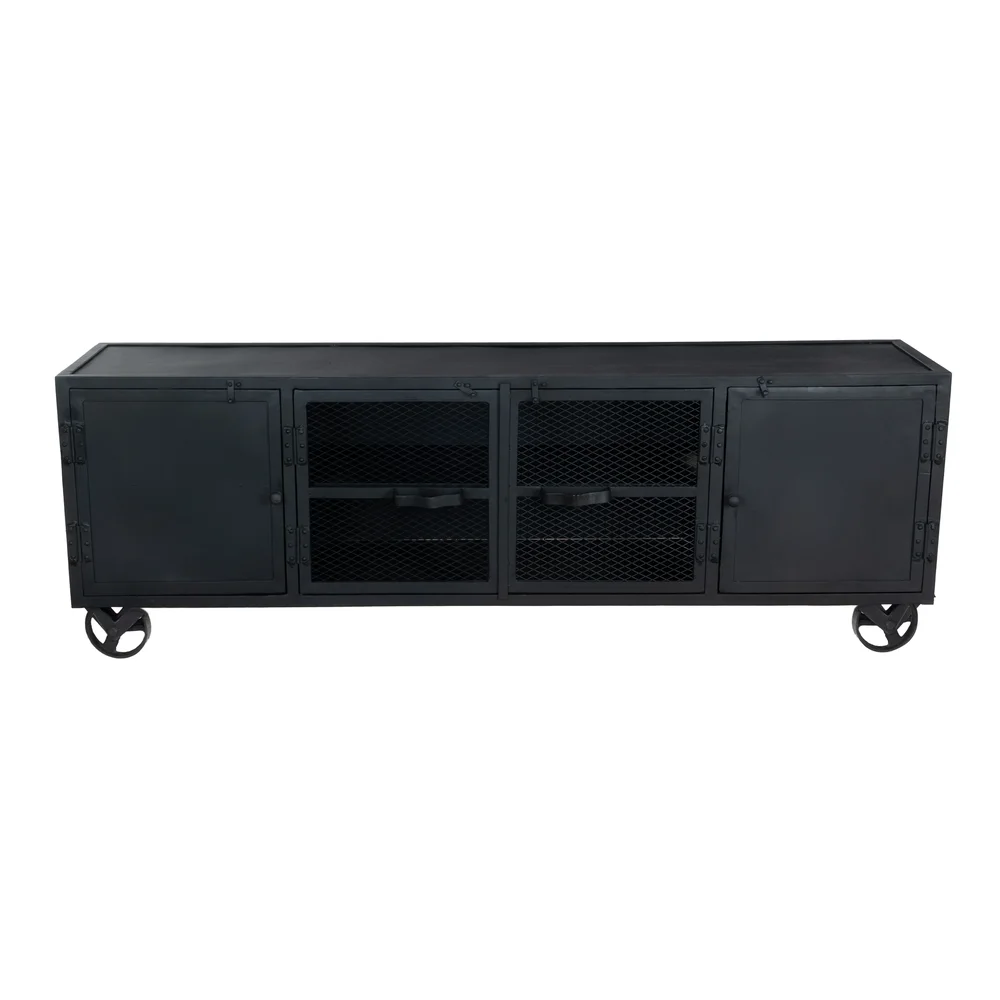 Industrial Black Metal TV Stand 70.5" Media Console With Grated Doors And Wheels