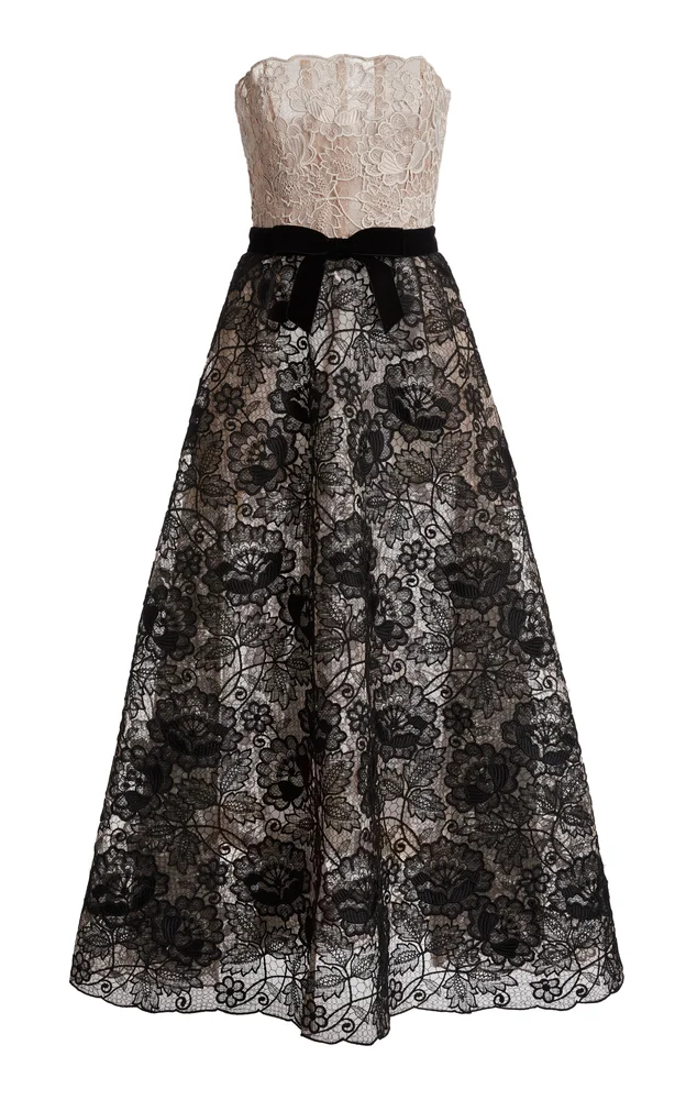 Bow-Detailed Lace Silk Maxi Dress