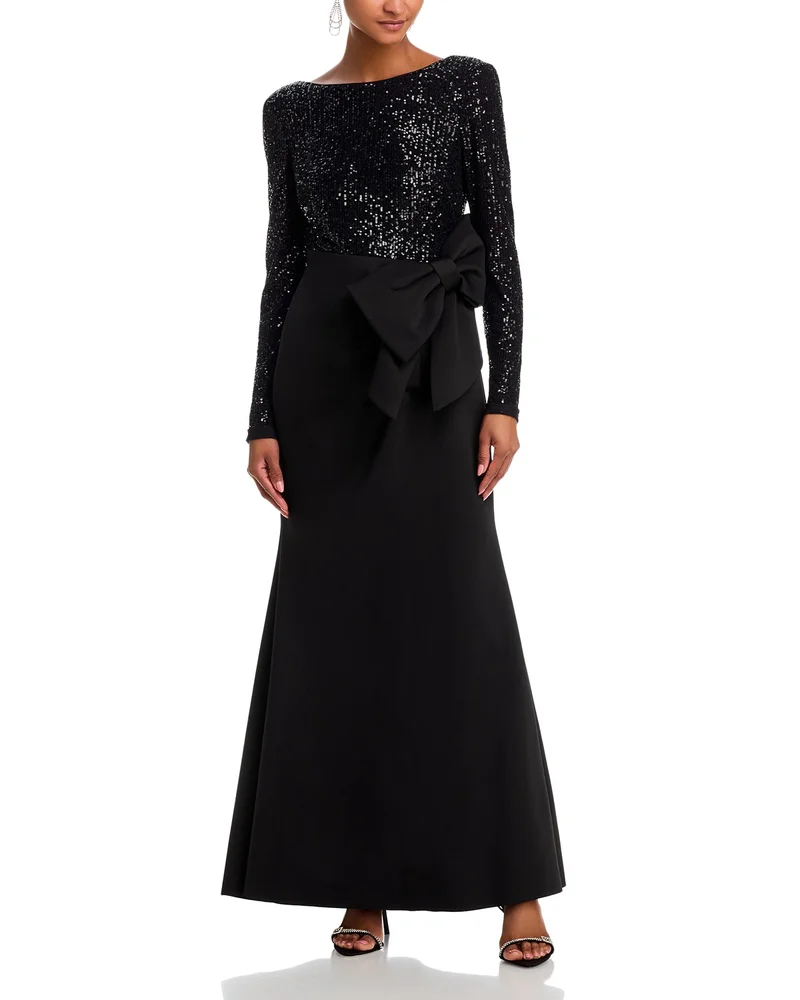 Long Sleeved Boat Neck Combo Bow Mermaid Gown