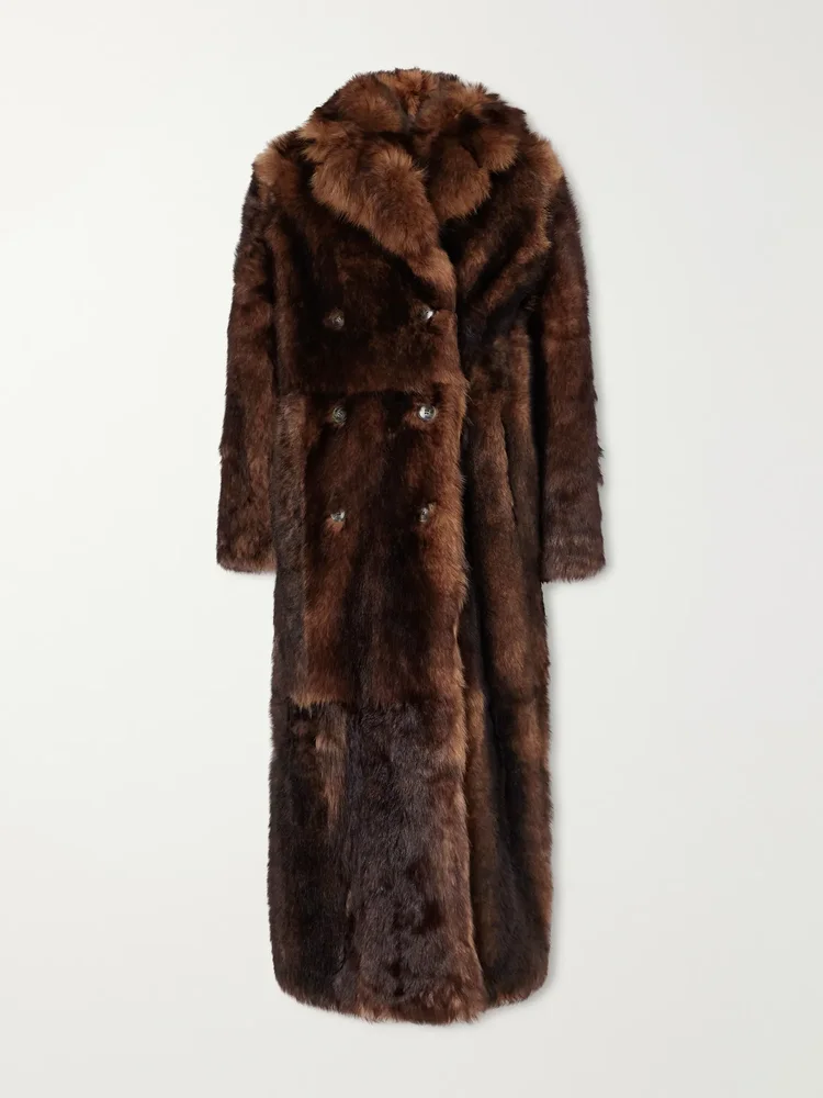 Paneled double-breasted shearling coat