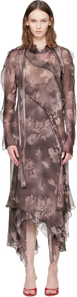 Brown Asymmetric Chiffon & SIlk-Crepe Midi Dress
