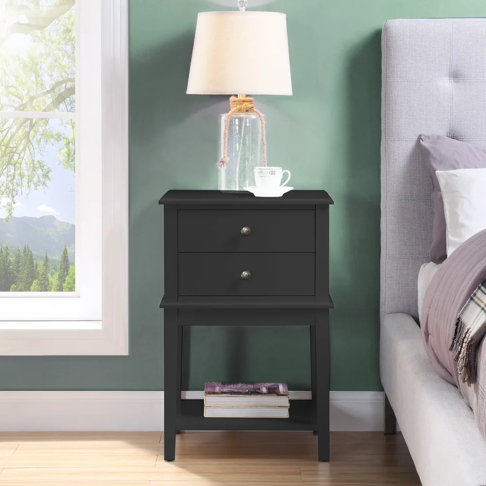 Black Nightstand With 2 Drawers For Bedrooms, Tall 28 Inch Bedside Table For Living Room Home Office, Modern