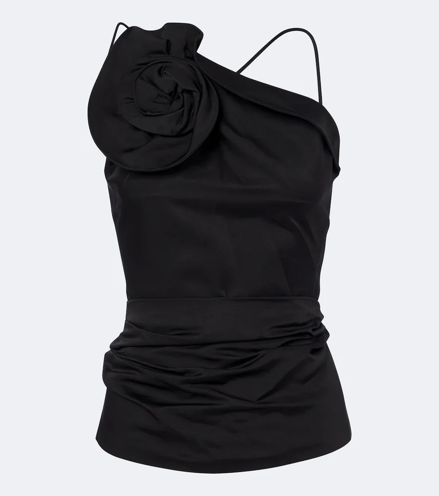 Floral-appliqué cotton and silk top