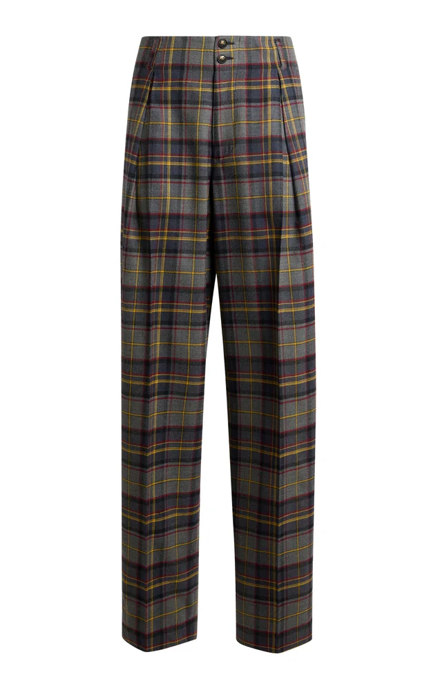 Plaid Wool-Blend Wide-Leg Pants