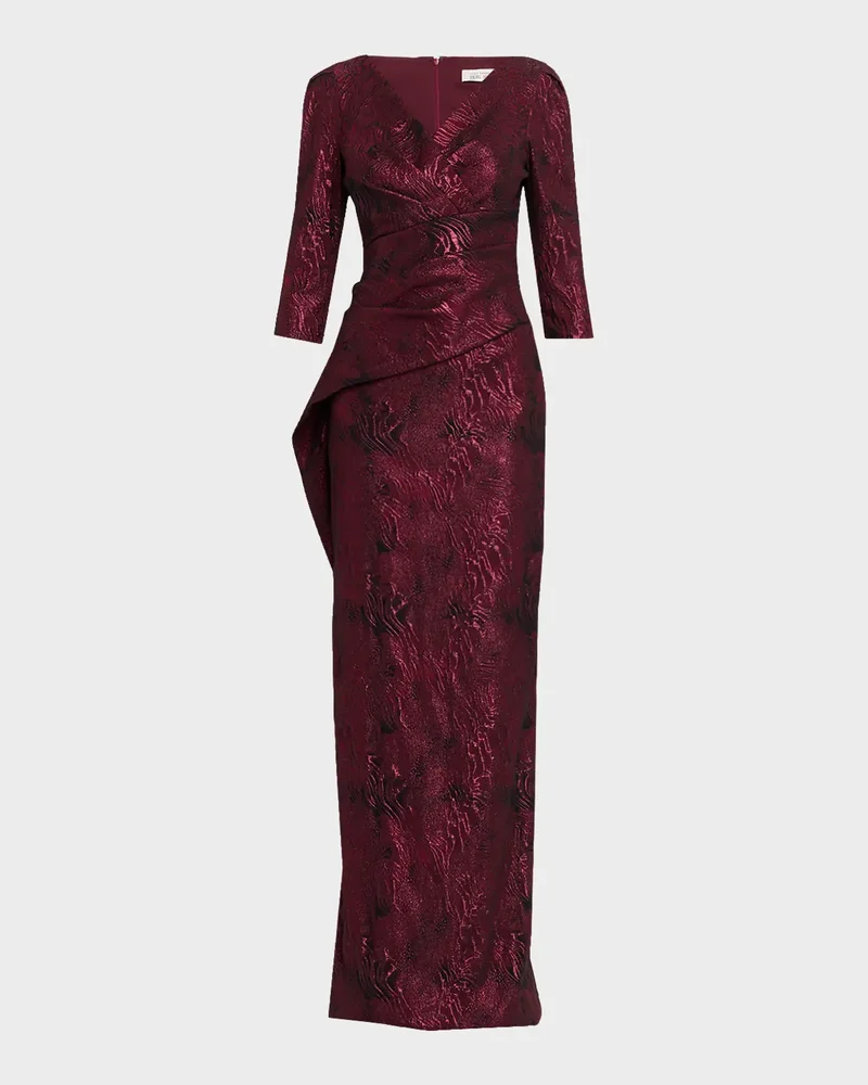 Pleated Metallic Jacquard Column Gown
