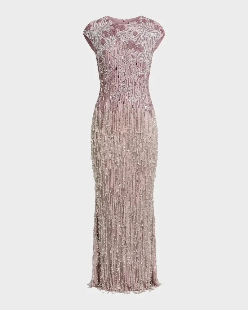 Evening Embellished Mesh Cap-Sleeve Gown