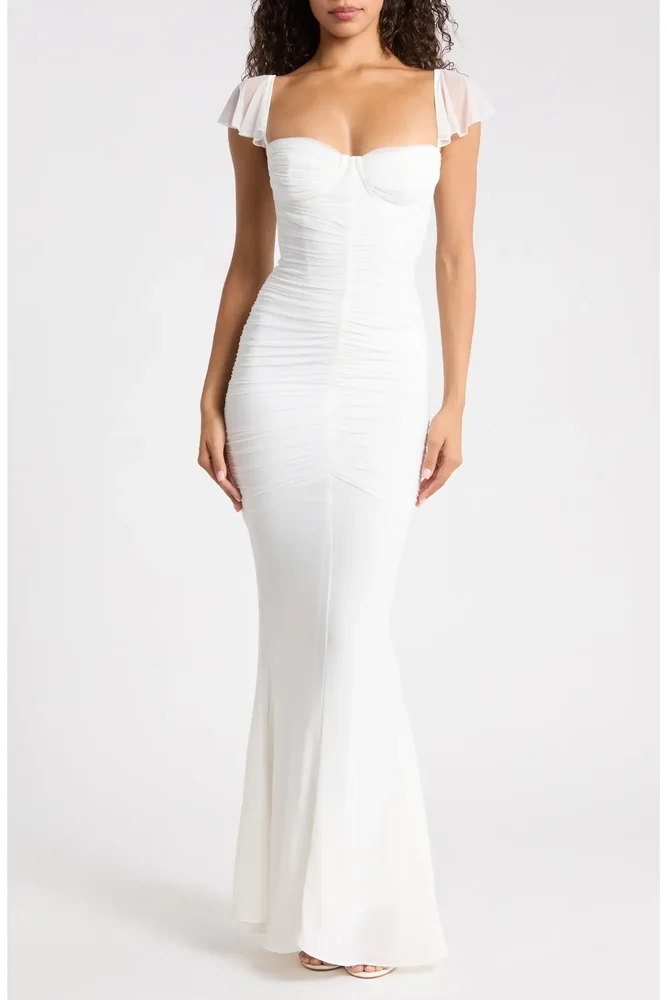 Antonella Ruched Mesh Dress (White)
