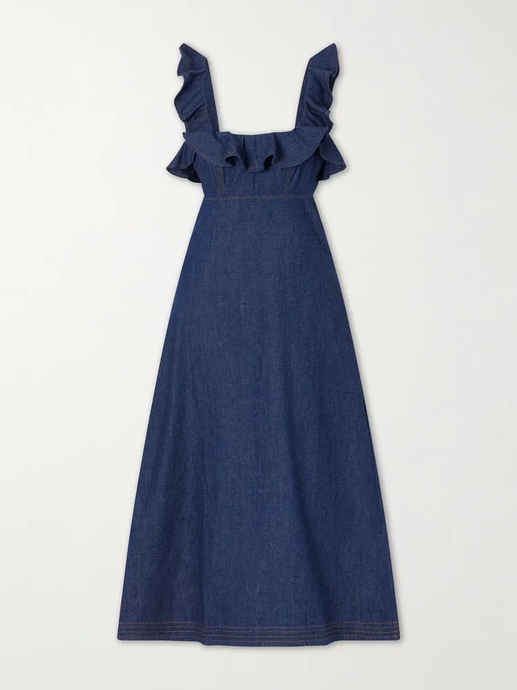 aster ruffled denim midi dress