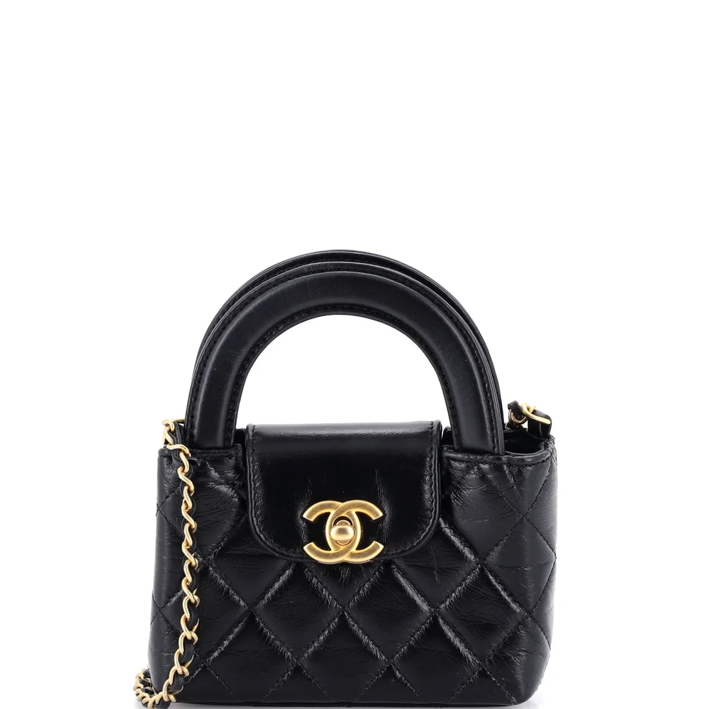 chanel Kelly Top Handle Shopping Bag Quilted Shiny Aged Calfskin Nano