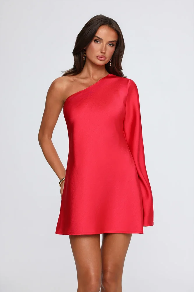 Pearl Radiance One Shoulder Satin Mini Dress Red