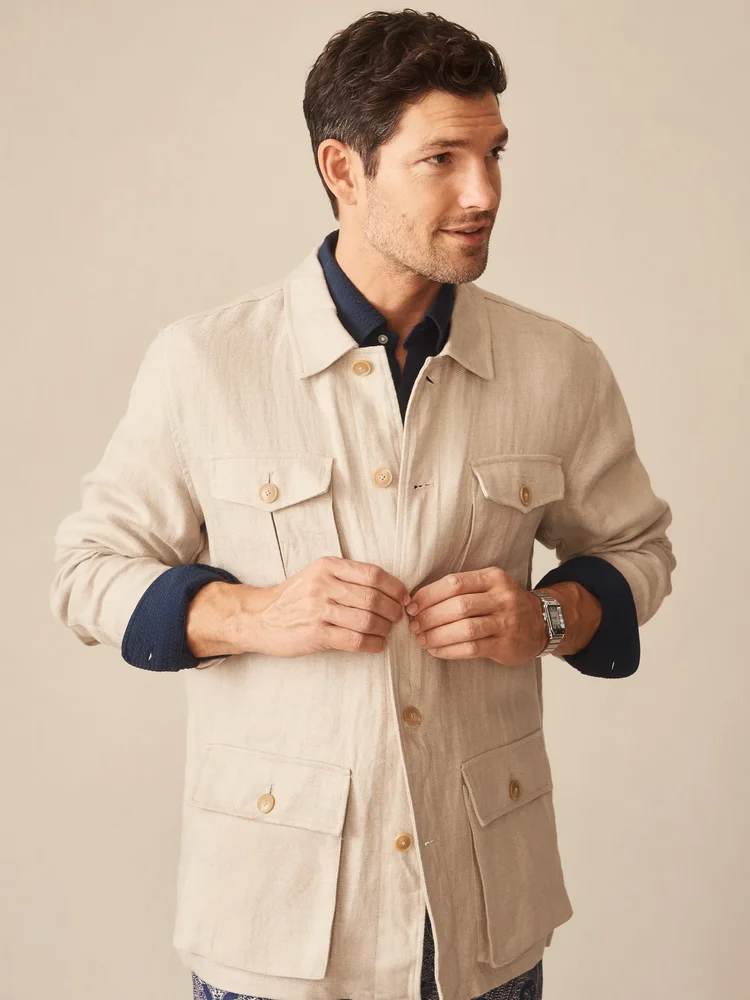 J.McLaughlin J.Mc Laughlin Aston Linen Safari Jacket in Herringbone Stone, Size Medium