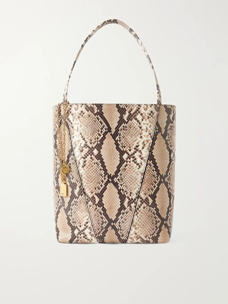 Spin embellished snake-effect leather tote bag