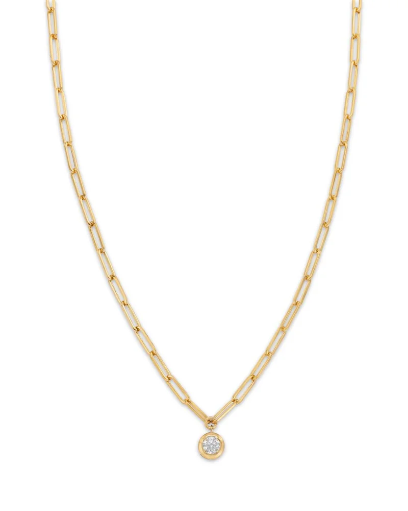 Diamond Bezel Solitaire Paperclip Link Pendant Necklace in 14K Yellow Gold