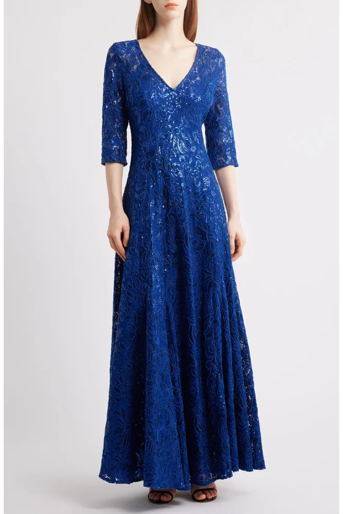 Beaded Sequin Long Sleeve Gown