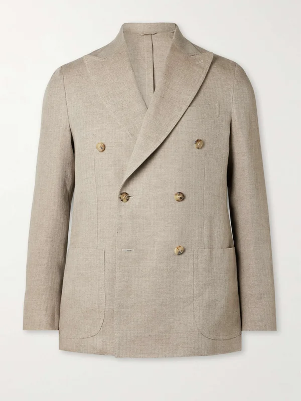 DE PETRILLO Double-Breasted Herringbone Linen Blazer for Men