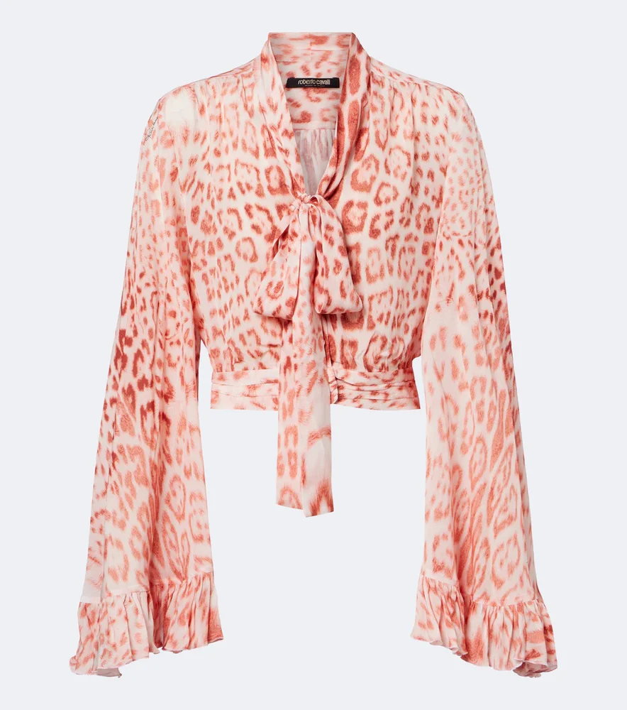 Leopard-print tie-neck jersey blouse
