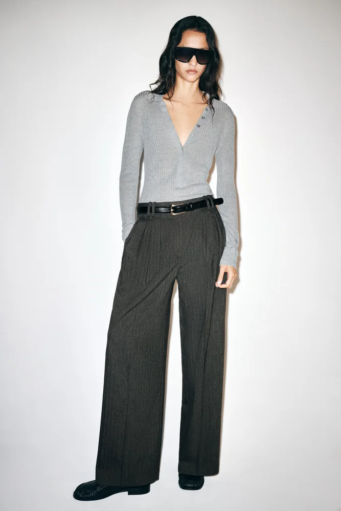 ZW Collection Herringbone Wide-Leg Pants, Dark Gray