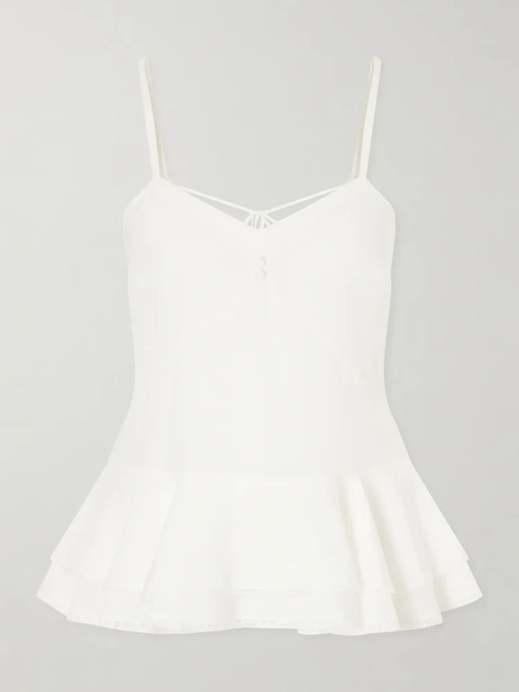 Ruffled lace-trimmed silk peplum top