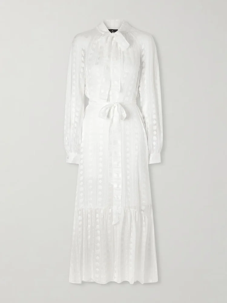 Pussy-bow belted tiered jacquard silk-chiffon midi dress