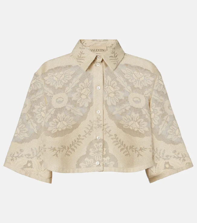 Floral cropped cotton-blend shirt