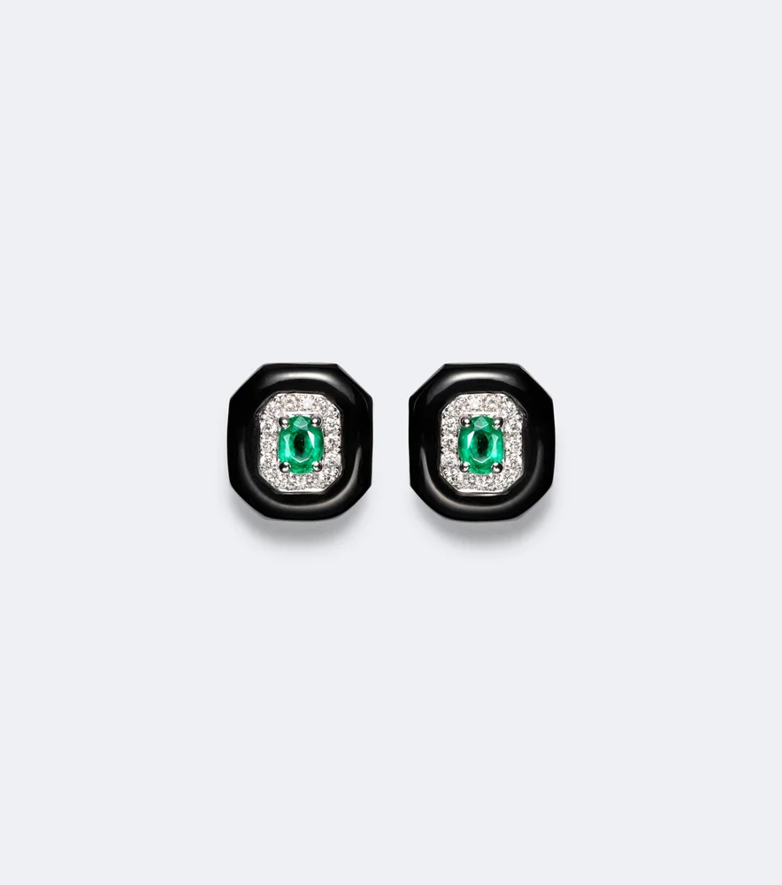 Oui 18kt white gold and enamel earrings with emeralds and diamonds