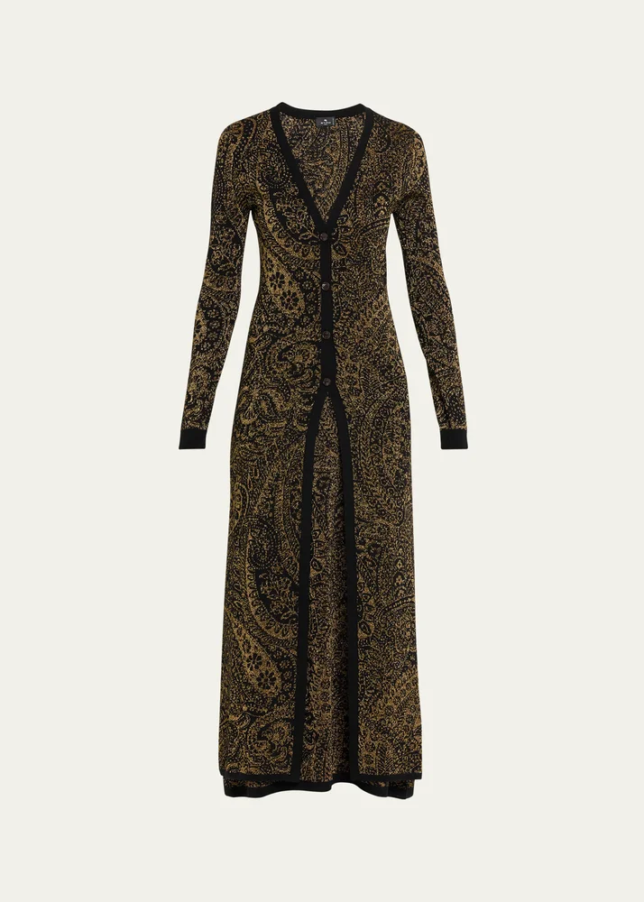 Metallic Paisley Knit V-Neck Long Cardigan