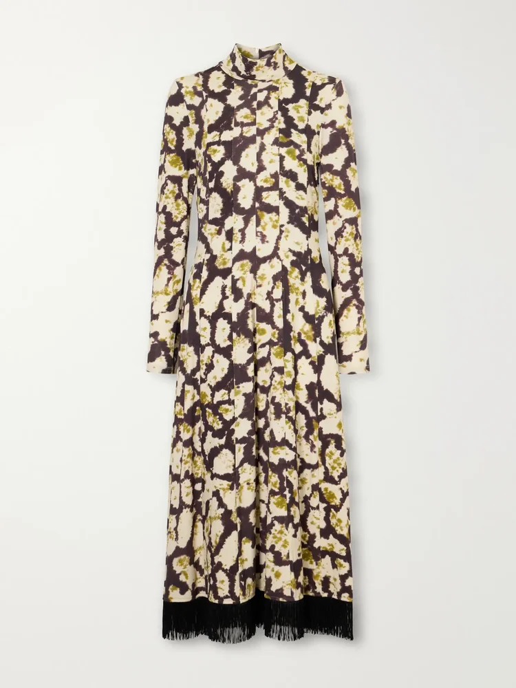 Troy floral-print fringe-trimmed cotton-blend jersey midi dress