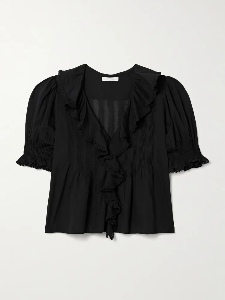Henri ruffled pintucked organic cotton-voile top