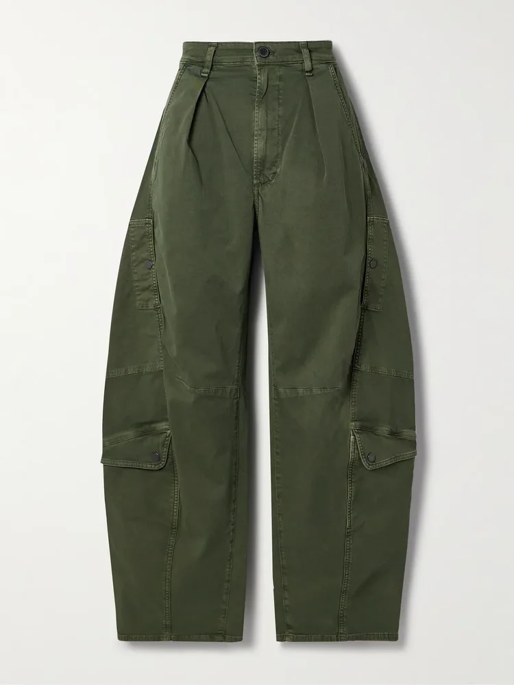 Flight pleated organic cotton-blend twill barrel-leg pants