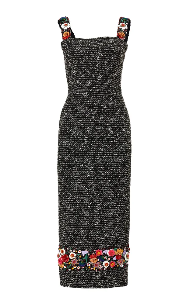 Embroidered Textured Tweed Ankle-Length Dress