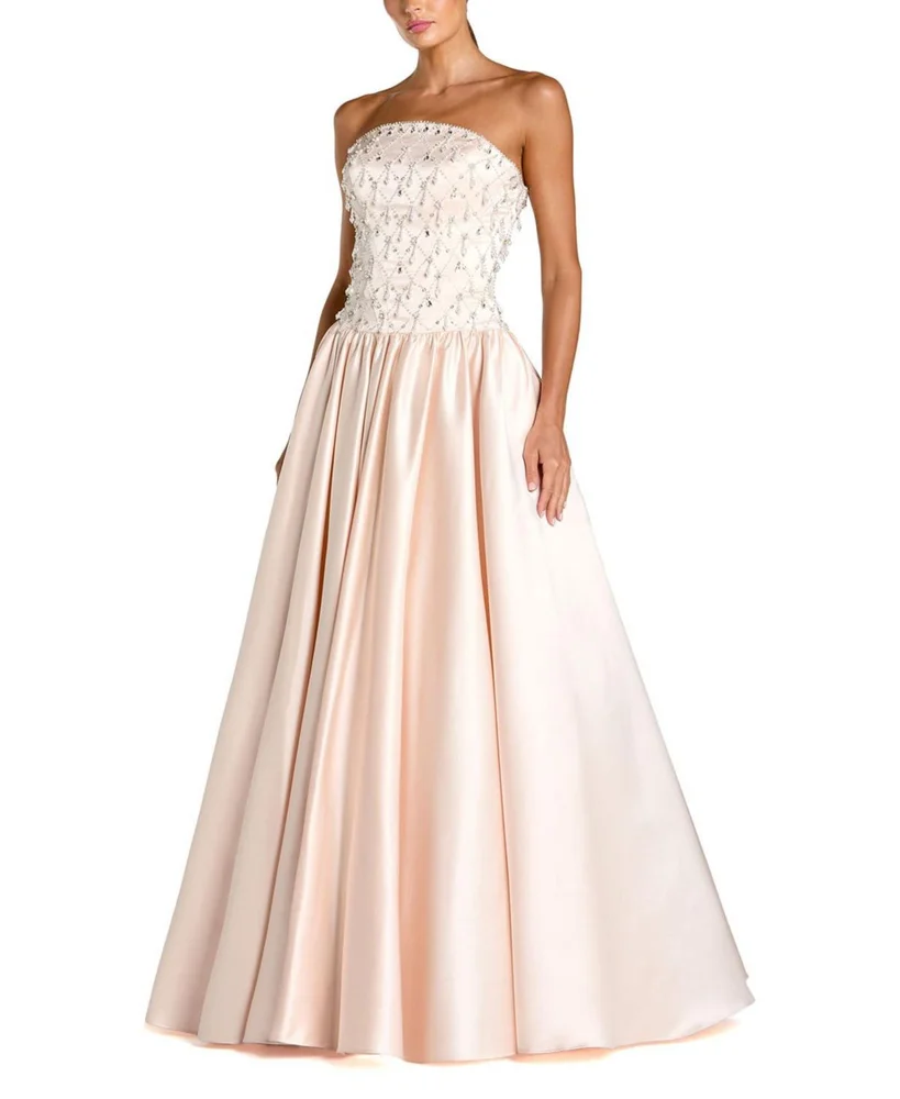 Satin Pearl Beaded Dropwaist Strapless Ballgown