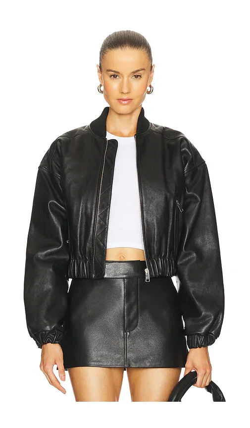 Cropped Leather Bomber Jacket