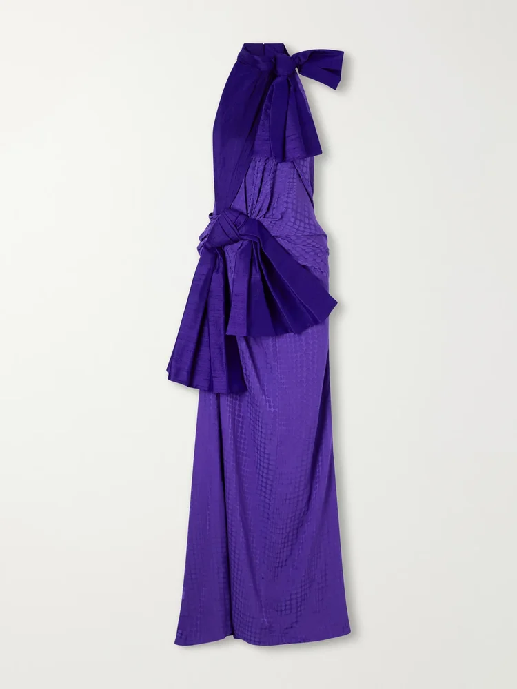 Wiggle Dot bow-detailed gathered jacquard gown