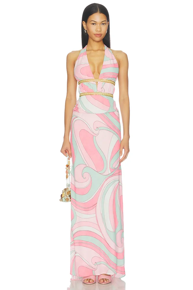 Xylia Halter Low Plunge Maxi Dress