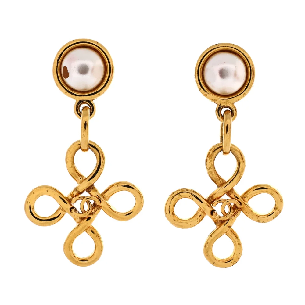 Pre-Owned Vintage CC Cross Dangle Clip-On Earrings Metal with Faux Pearl