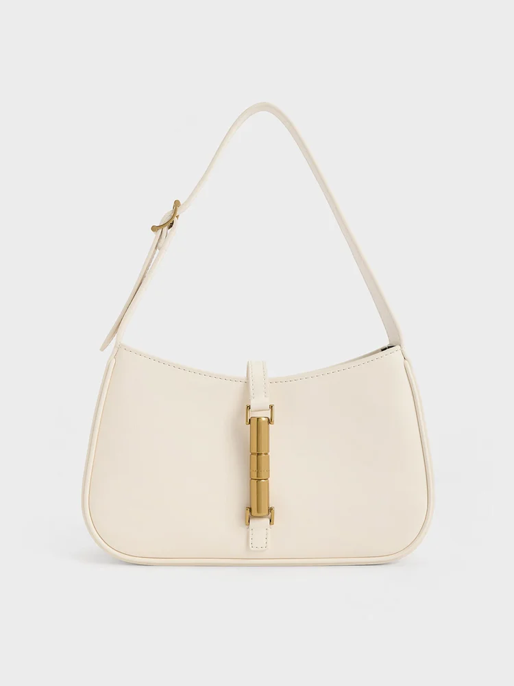 Cesia Metallic-Accent Shoulder Bag, Cream