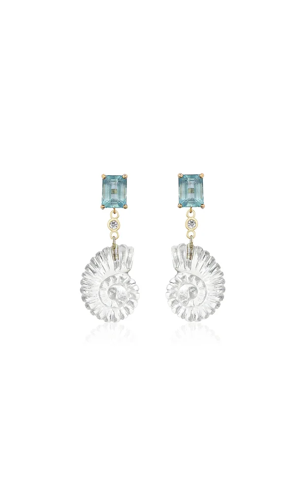 14K Gold Aqua and Crystal Nautilus Earrings