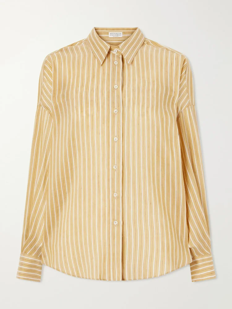 Bead-embellished striped linen and silk-blend shirt