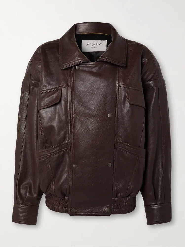 Oversized double-breasted paneled leather jacket