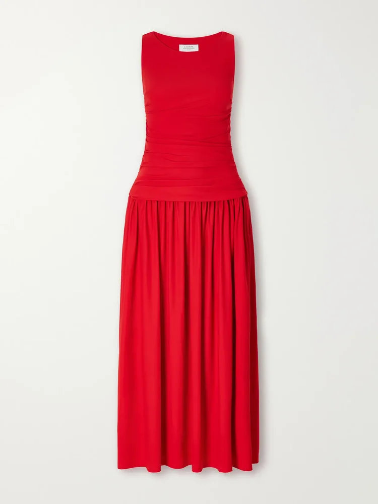 Ruched pleated stretch-jersey midi dress