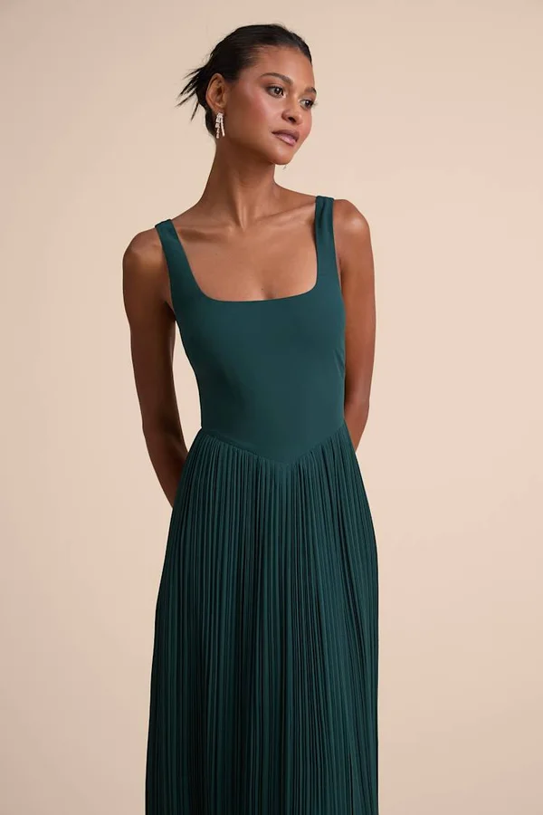 Green Maxi Dress - Square Neck Dress - Pleated Basque Waist Dress - Lulus