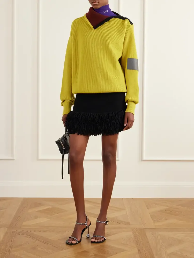 Fringed wool-blend mini skirt