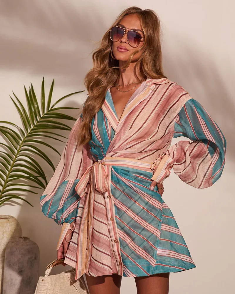Vicicollection Slow Tide Striped Color Block Wrap Tie Mini Shirt Dress