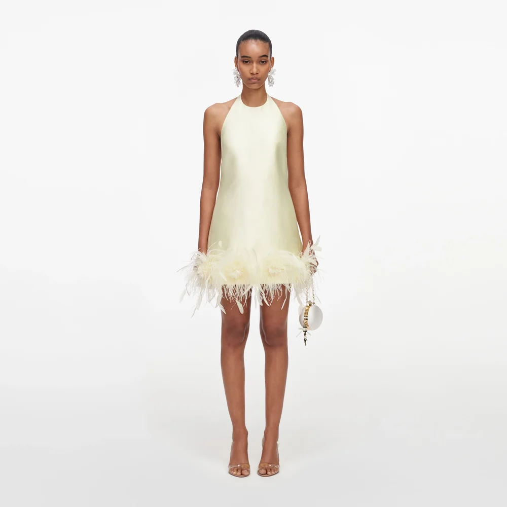 Self-Portrait Yellow Taffeta Feather Trim Mini Dress