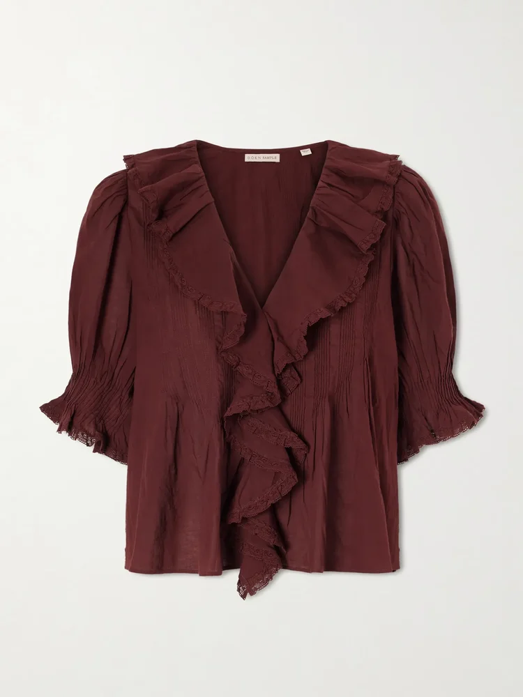 Henri shirred lace-trimmed organic cotton blouse