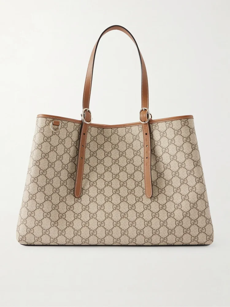 GG Emblem leather-trimmed coated canvas-jacquard tote