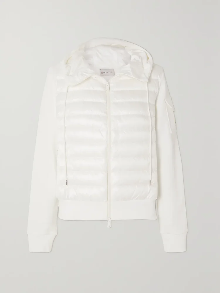 Paneled cotton-blend terry and quilted shell down hoodie