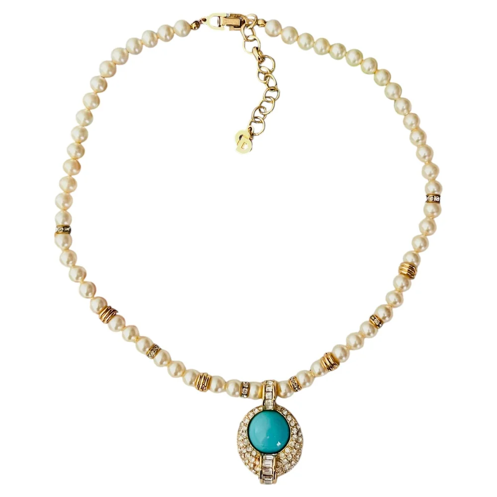 Pre-Owned Vintage Rare White Pearls Turquoise Cabochon Gold Necklace