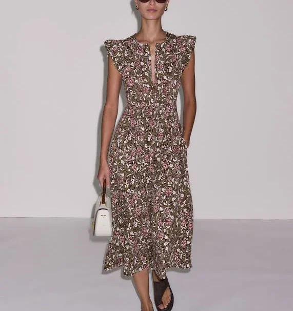ME+EM Overgrown Floral Print Midi Dress Cinnamon Brown Multi Women's